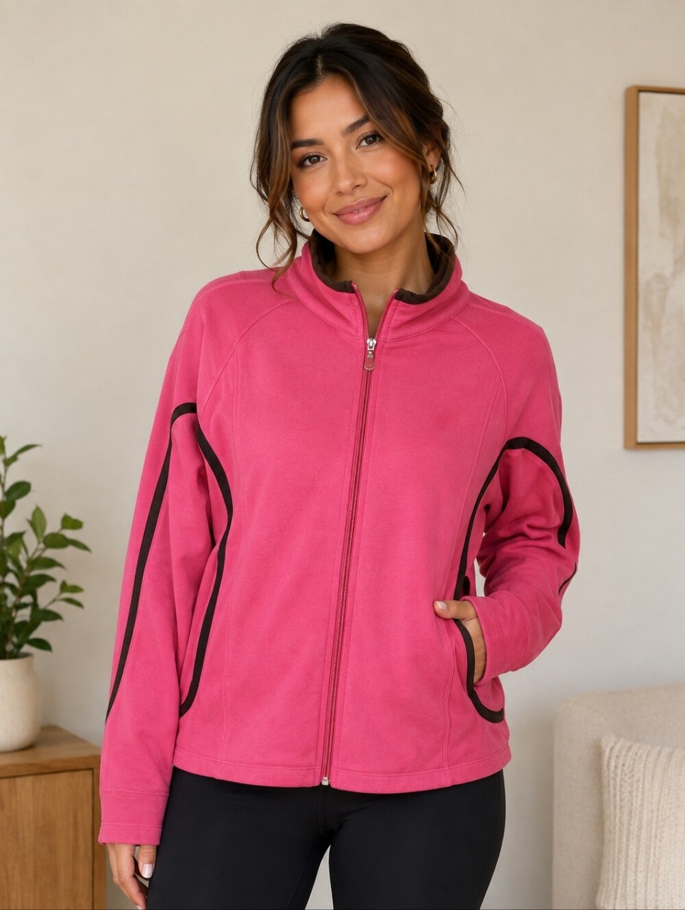 Talbots Woman Petite Active Performance Zip-Up Track Jacket with Brown Trim (2X)